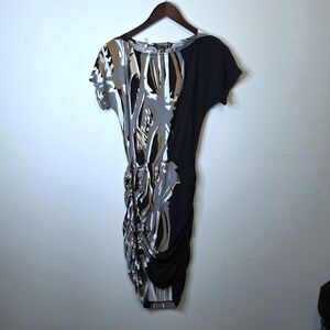 BCBGMaxAzria Black Gray Abstract Ruched Zippered Side Dress Size XS